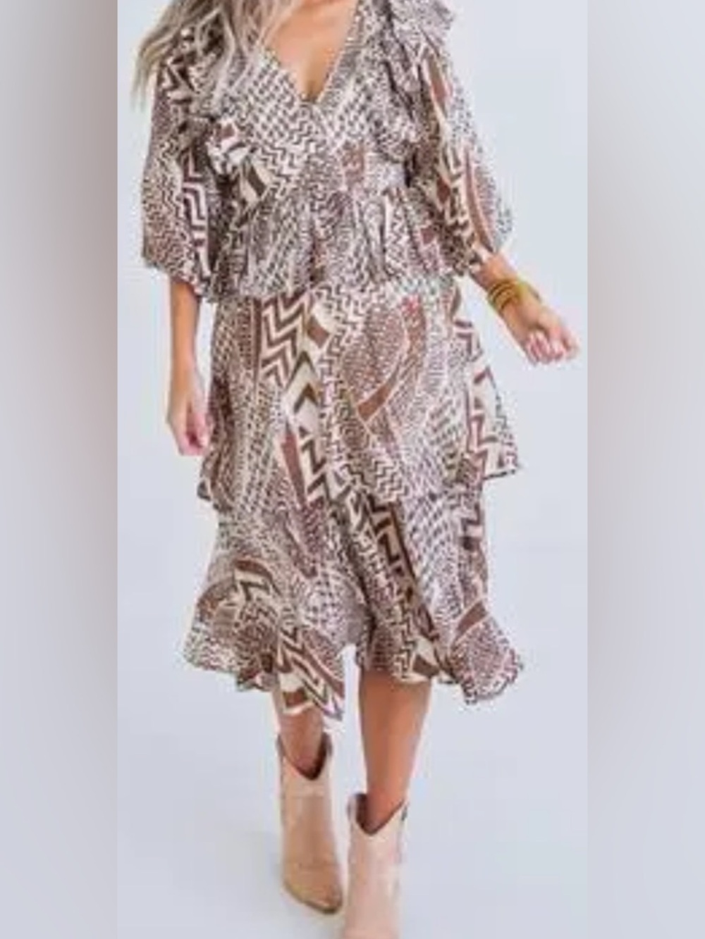 Karlie GEOMETRIC TRIBAL VNECK RUFFLE BROWN AND CREAM MIDI DRESS Size Small - Picture 10 of 12